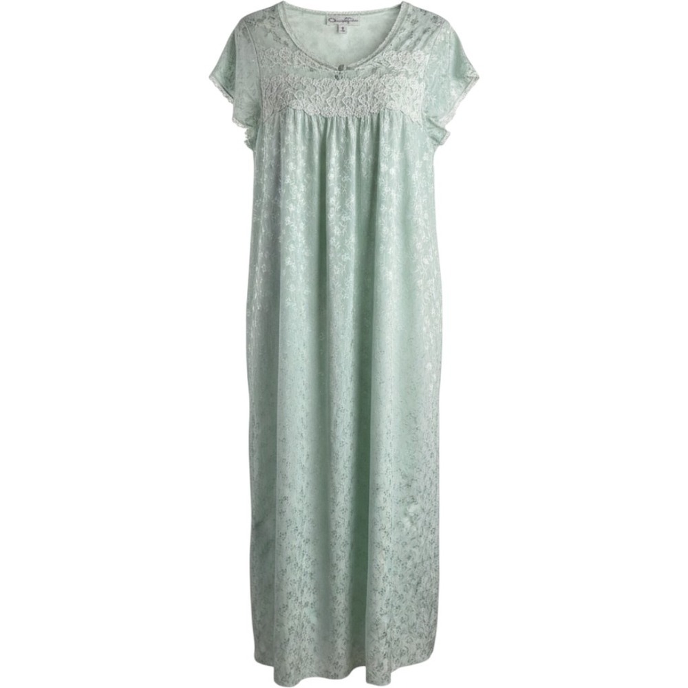 Oscar de la Renta Vintage Mint Green Floral Jacquard Lace Trim Nightgown